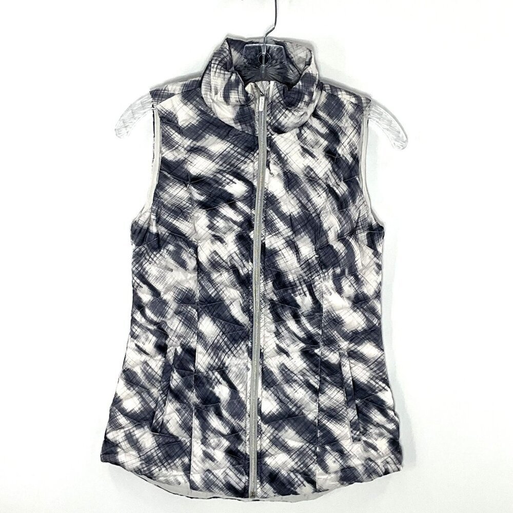 Athleta Puffer Vest Women XXS Blue Print Goose Down Quilted Full Zip Ski Outdoor